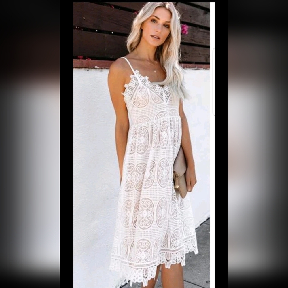 Vici White Lace Midi Dress with Spaghetti Straps